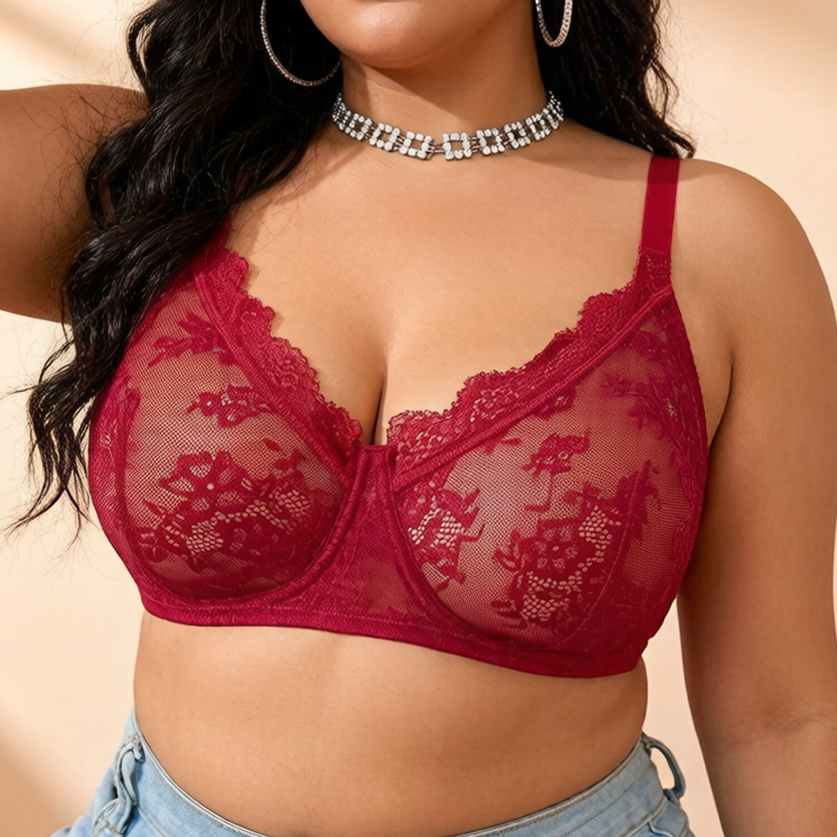 Women Plus Size Red Lace Sheer - огляд і ціна Sheer Bra Lace
