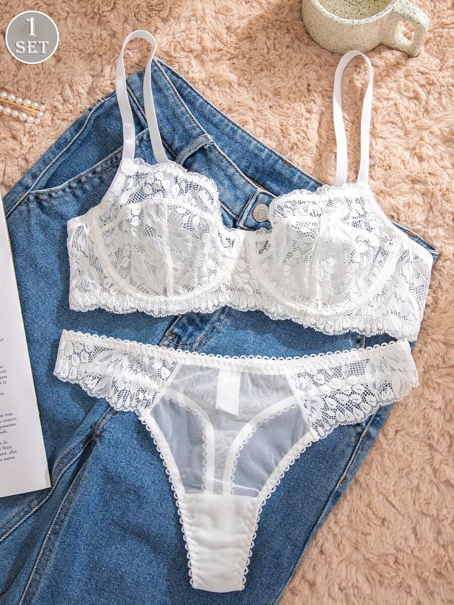 White Lace Bra and Panty Set w - огляд і ціна Sheer Mesh Bra